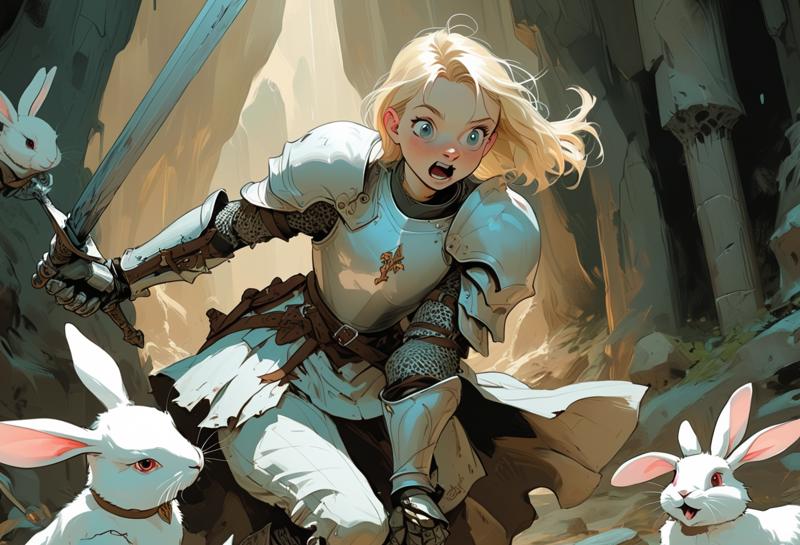 00035-2604672264-Art by Agenes Cecile. Closeup of a playful and chaotic scene of a blonde knight fighting a white rabbit. _BREAK_The blonde knigh.png